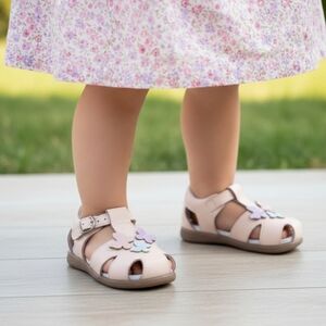 Toddler Girls' Pink Leather Closed-Toe Sandals with Pastel Butterfly Appliqué
